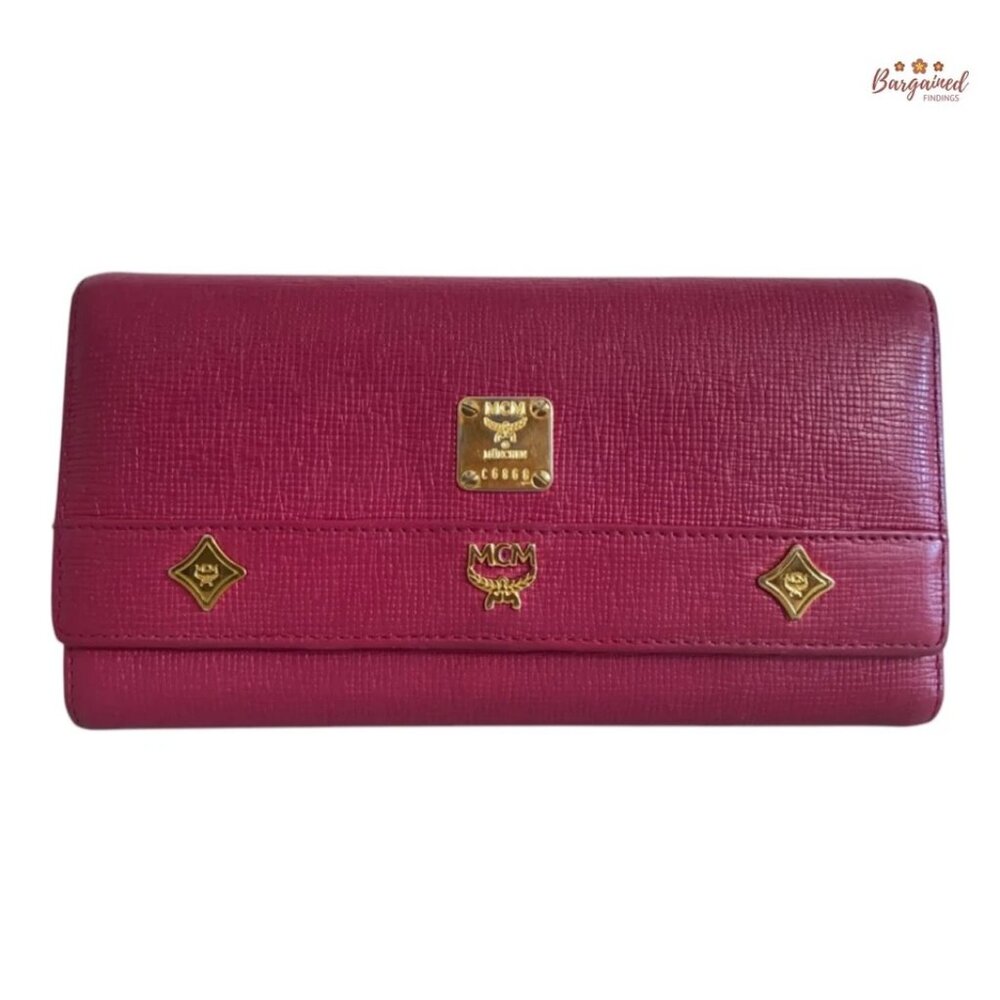 Authentic MCM Dark Pink Leather Studded Logo Motifs Trifold Long Wallet